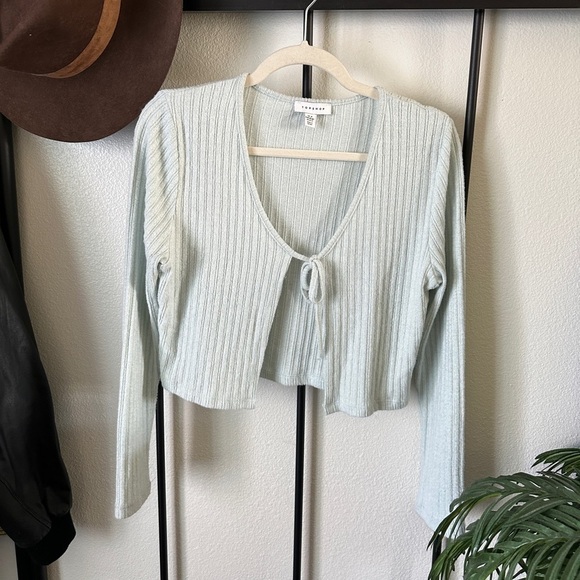 Topshop Sweaters - Topshop y2k 2000s light blue knit ribbed long sleeve tie front cardigan sweater